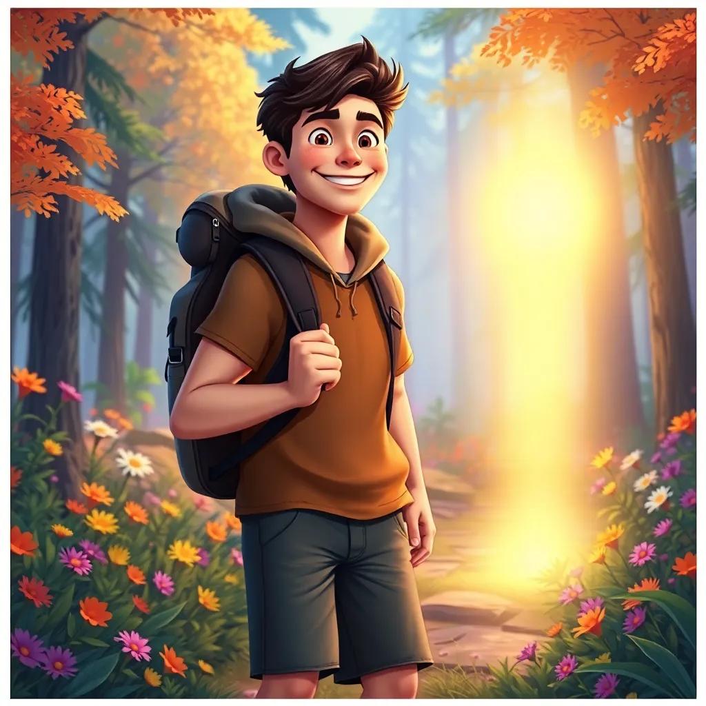Leo, a young man with strong build and handsome features, walking with a backpack through a colorful forest with bright flowers and tall trees, a magical light appearing in front of him, cheerful expression, adventurous spirit, illustration, warm colors, inviting atmosphere, high quality