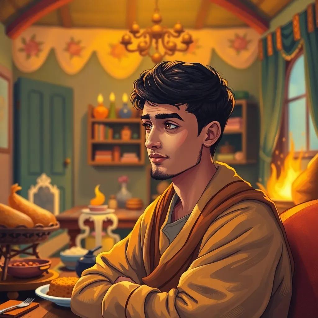A young Arab man, Mus'ab ibn Umayr, with short, dark hair, wearing fine clothes, sitting in a cozy room filled with delicious food and warm light, illustration, welcoming atmosphere, child-friendly