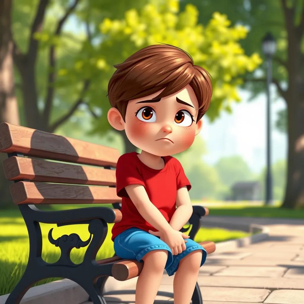 A ten-year-old girl, Penny, with short brown hair and wearing a red t-shirt and blue shorts, frowning while sitting alone on a park bench, digital art, vibrant colors, sunny day, cheerful atmosphere, high quality