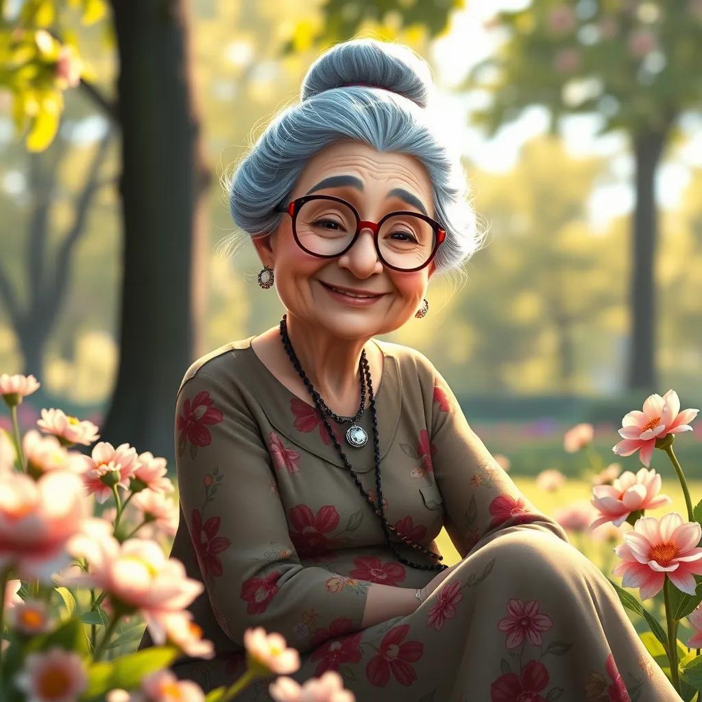 A wise old lady, Miss Lily, with gray hair in a bun, wearing a long floral dress and glasses, sitting in the park with a kind smile, surrounded by blooming flowers, warm light, inviting aura, detailed portrait