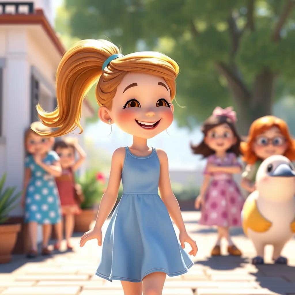 Penny, now smiling and wearing a light blue dress with her hair in a ponytail, looking joyful as she approaches her friends, bright sunlight shining, happy vibe, high quality