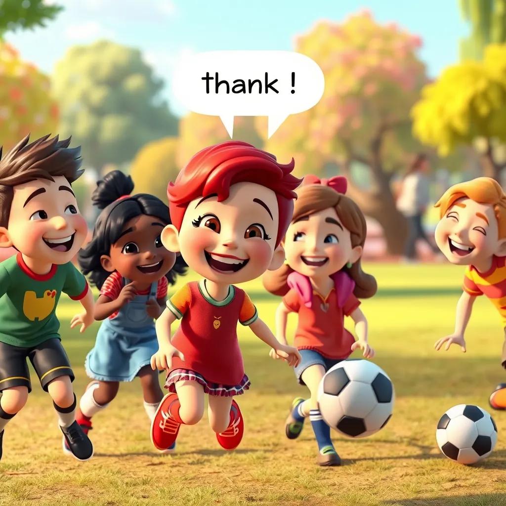 Penny and her friends, all laughing and playing soccer together, Penny saying 'thank you' with a big smile, colorful park in the background, cheerful scene, warm light, high detail
