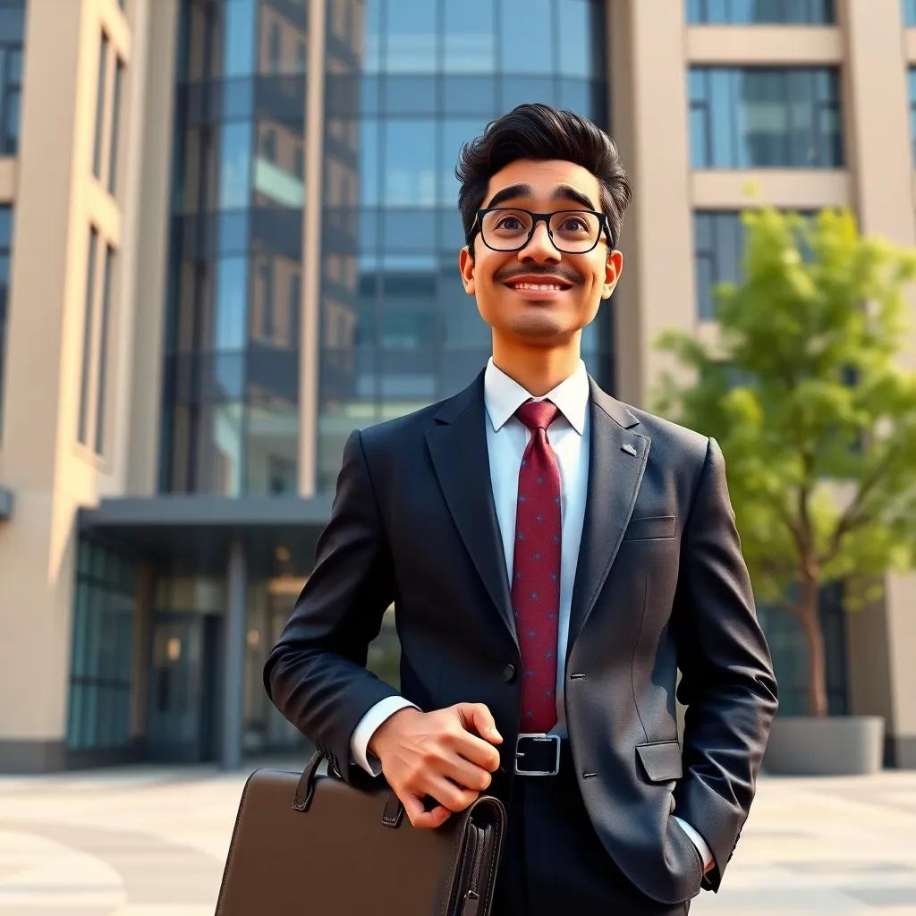 An older Samir, dressed in a smart suit with a confident smile, standing in front of a modern office building, holding a briefcase and looking inspired, daytime urban setting, professional lighting, bright colors, uplifting perspective, high quality