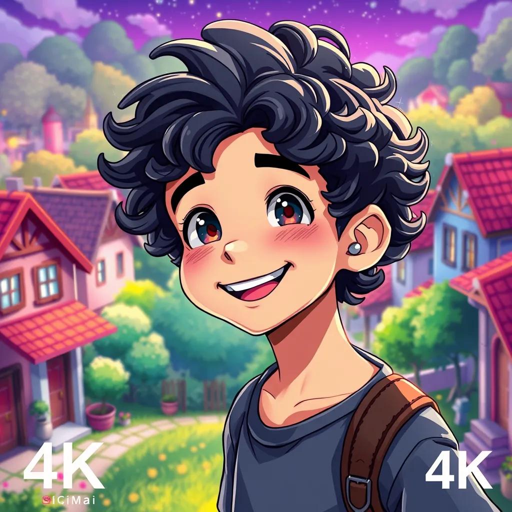 A young boy named Sigma, with curly black hair and bright eyes, smiling joyfully in a lively village setting surrounded by houses and trees, digital art, vibrant colors, cheerful atmosphere, high quality