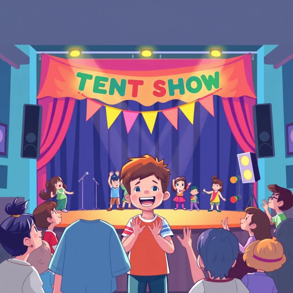 A fun and exciting scene with a talent show stage decorated with colorful banners, children showcasing their talents, Sigma cheering in the front, smiling, with various performances like singing and dancing, illustration, colorful, energetic gathering