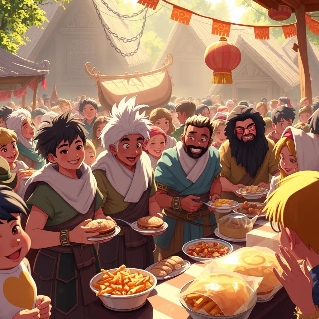 Many villagers, including Sigma and his friends, preparing for the festival with food and decorations, bright sunshine illuminating the happy faces, a sense of community and joy, digital painting, warm light, festive atmosphere