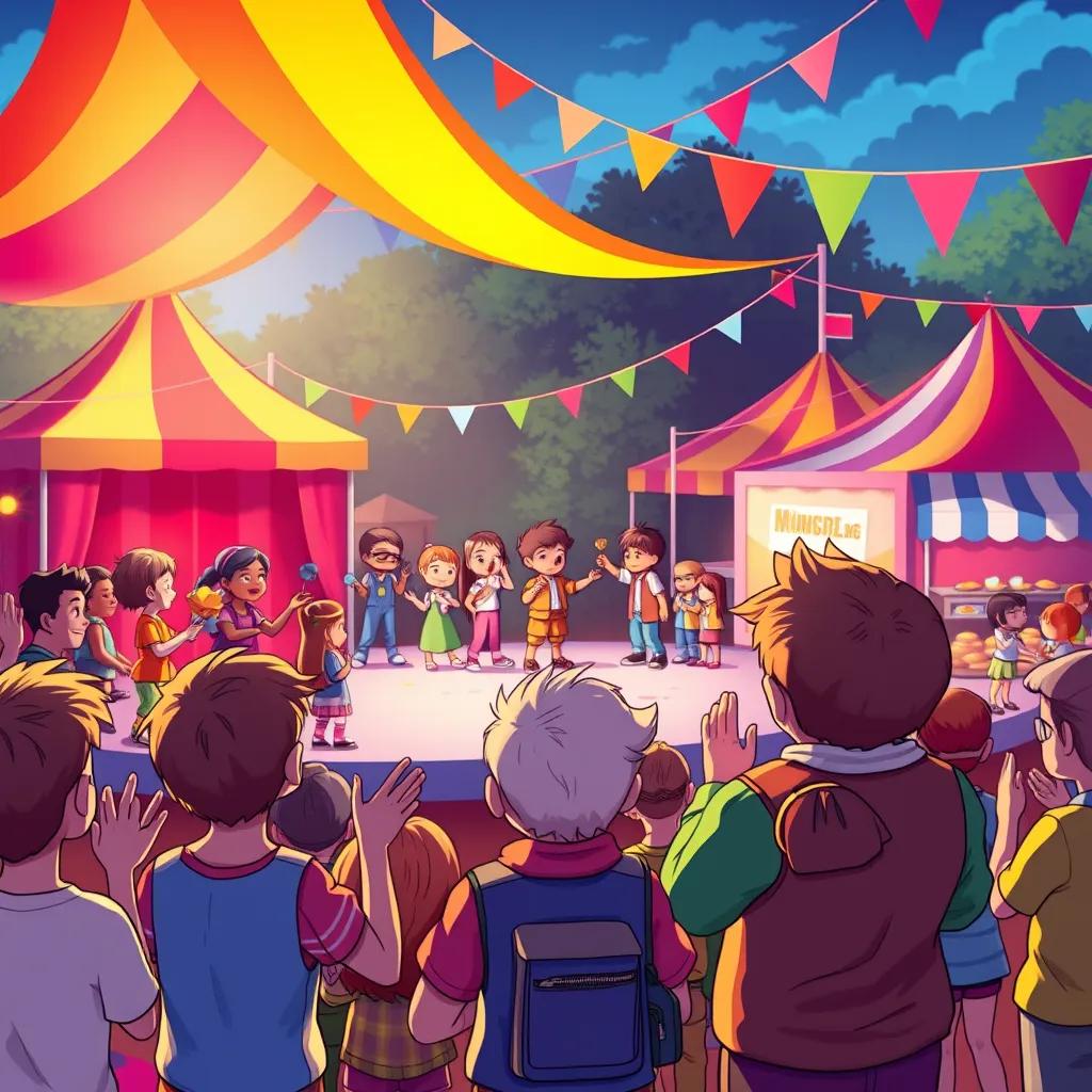 The grand festival day with a colorful talent show, children performing on stage, villagers clapping and cheering, Sigma looking proudly at his friends, colorful tents and food stalls in the background, digital art, lively and joyful, high quality