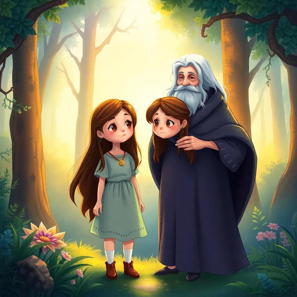 Mia, a young girl with long brown hair, wearing a simple dress, standing with an old wise woman, who has gray hair and a cloak, in a mystical forest, special light surrounding them, colorful, warm light, storytelling scene, high quality