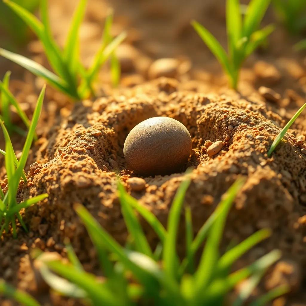 A tiny brown seed resting in soft earthy soil, surrounded by green grass and gentle sunlight, digital art, warm colors, inviting atmosphere, high quality