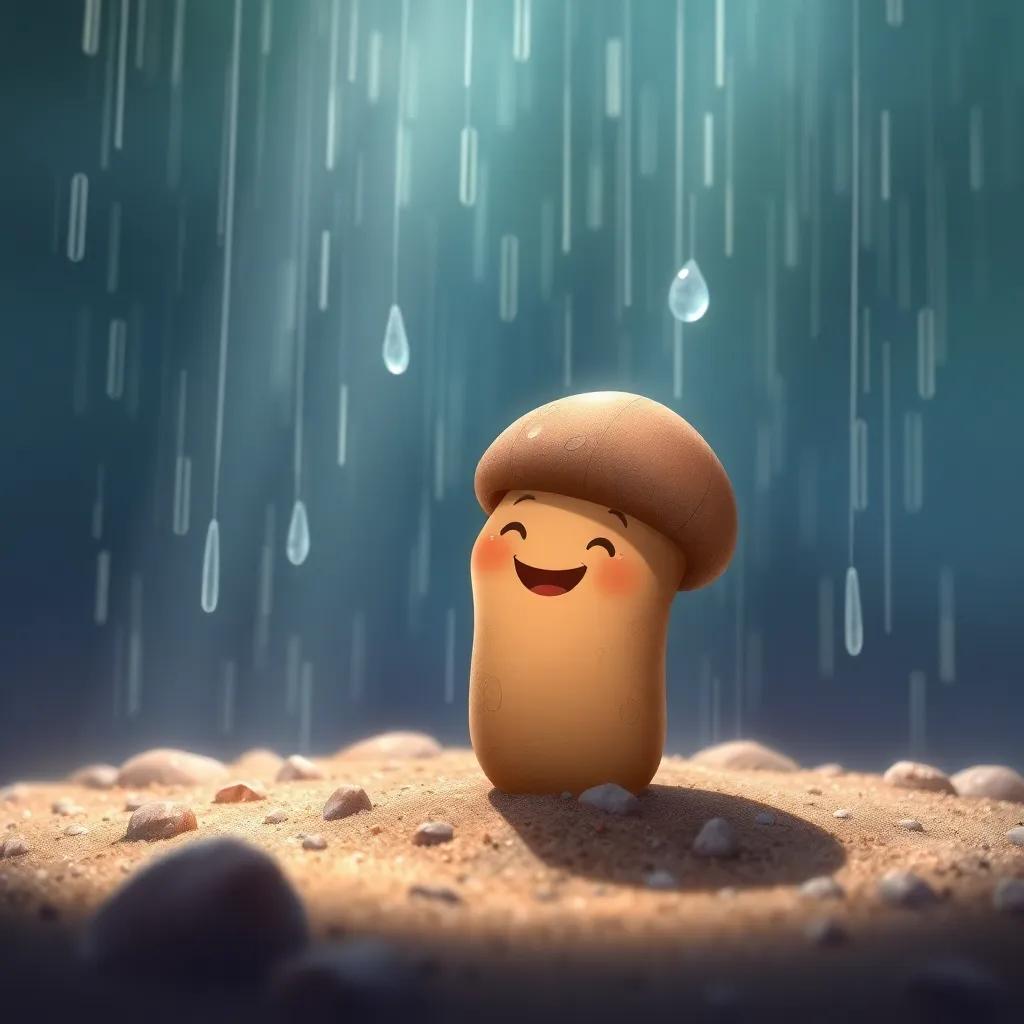 A tiny brown seed, feeling cheerful under gentle raindrops falling from the sky, soft earth around it, illustration, joyful, vibrant, engaging view
