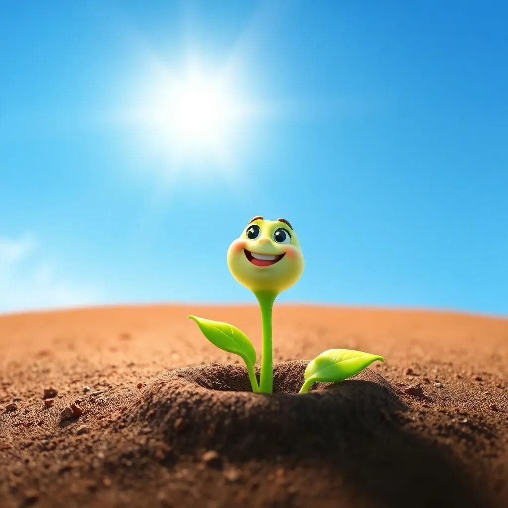 A bright green sprout pushing through the soil with a happy expression, reaching for the sun above, surrounded by bright blue sky, digital painting, uplifting, cheerful atmosphere