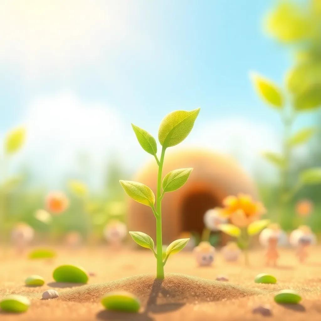 A tiny green sprout standing tall, with soft leaves, blooming under warm sunlight, other seeds cheering in the background, colorful illustration, child-friendly, joyful