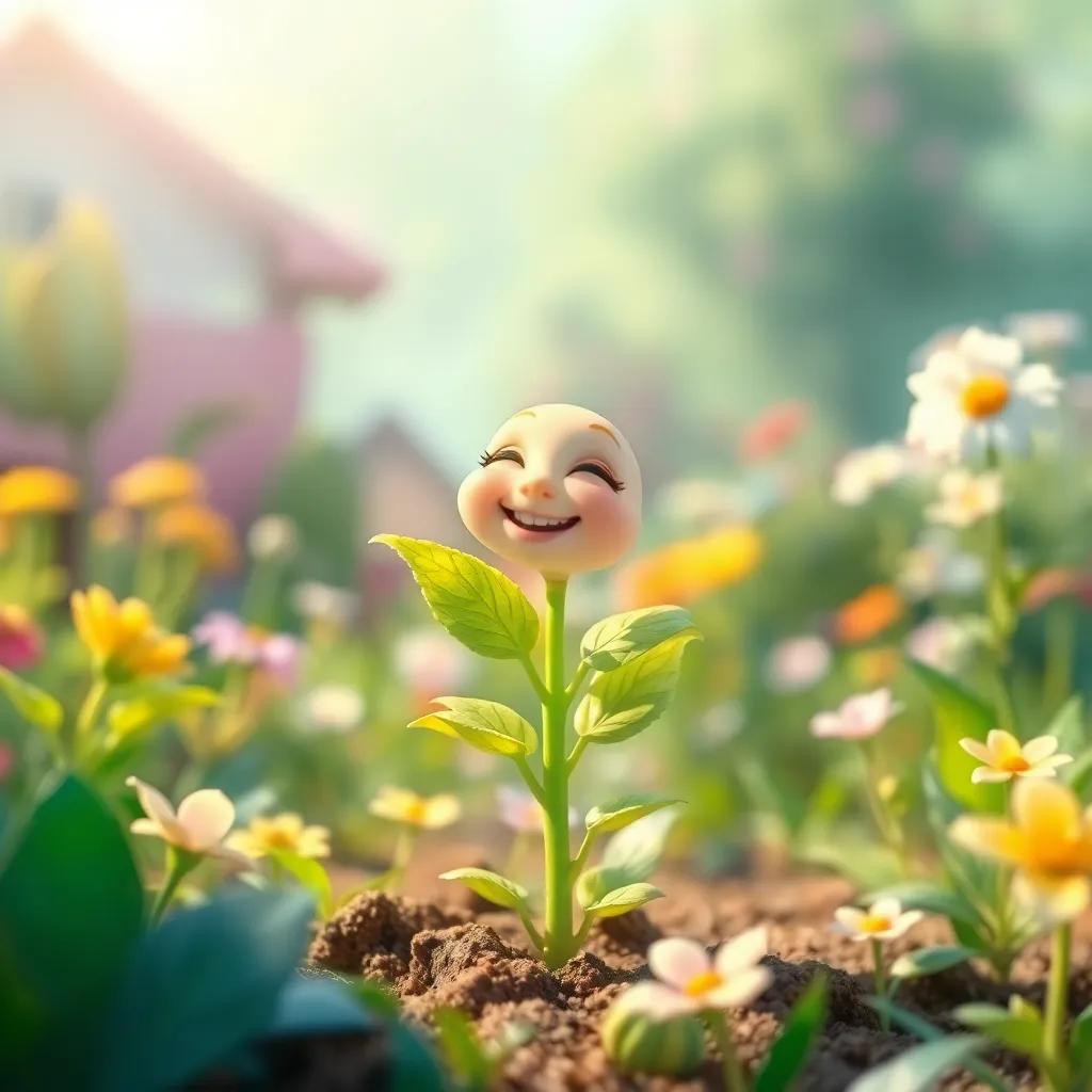 A tiny sprout with soft green leaves, enjoying the gentle breeze in a beautiful garden, dancing around with flowers, cheerful colors, lively atmosphere, detailed art
