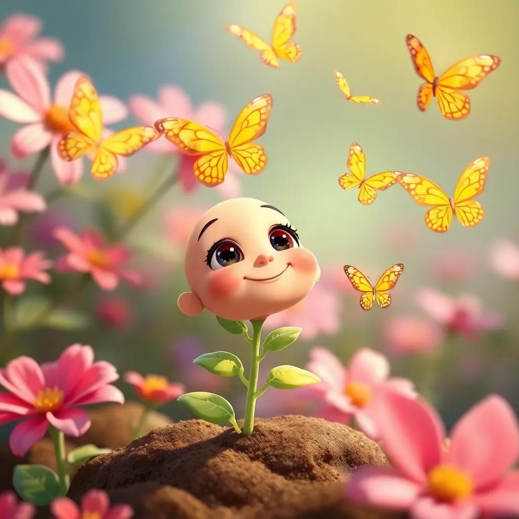 A tiny sprout seeing butterflies fluttering around, with a happy expression, beautiful flowers in the background, bright colors, whimsical style, engaging