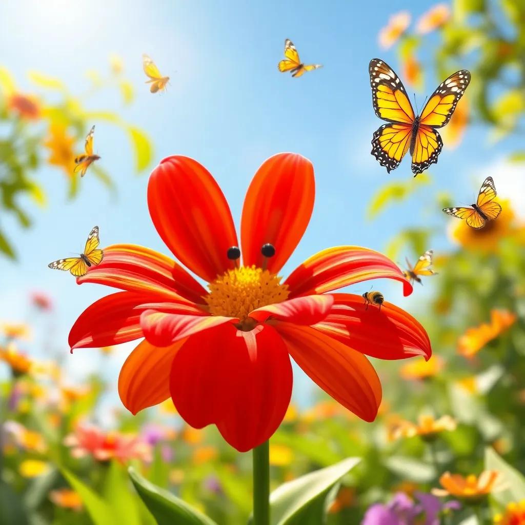 A strong and beautiful flower with red and yellow petals, happily basking in the sunlight, surrounded by bees and butterflies in a vibrant garden, digital art, colorful, lively