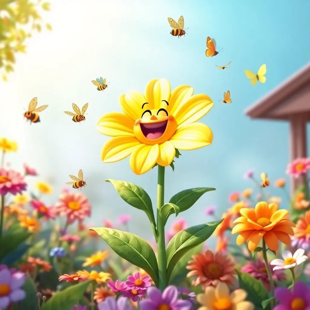 A joyful flower boldly announcing its growth in a colorful garden, bees and butterflies buzzing happily around it, bright colors, cheerful setting, magical feel