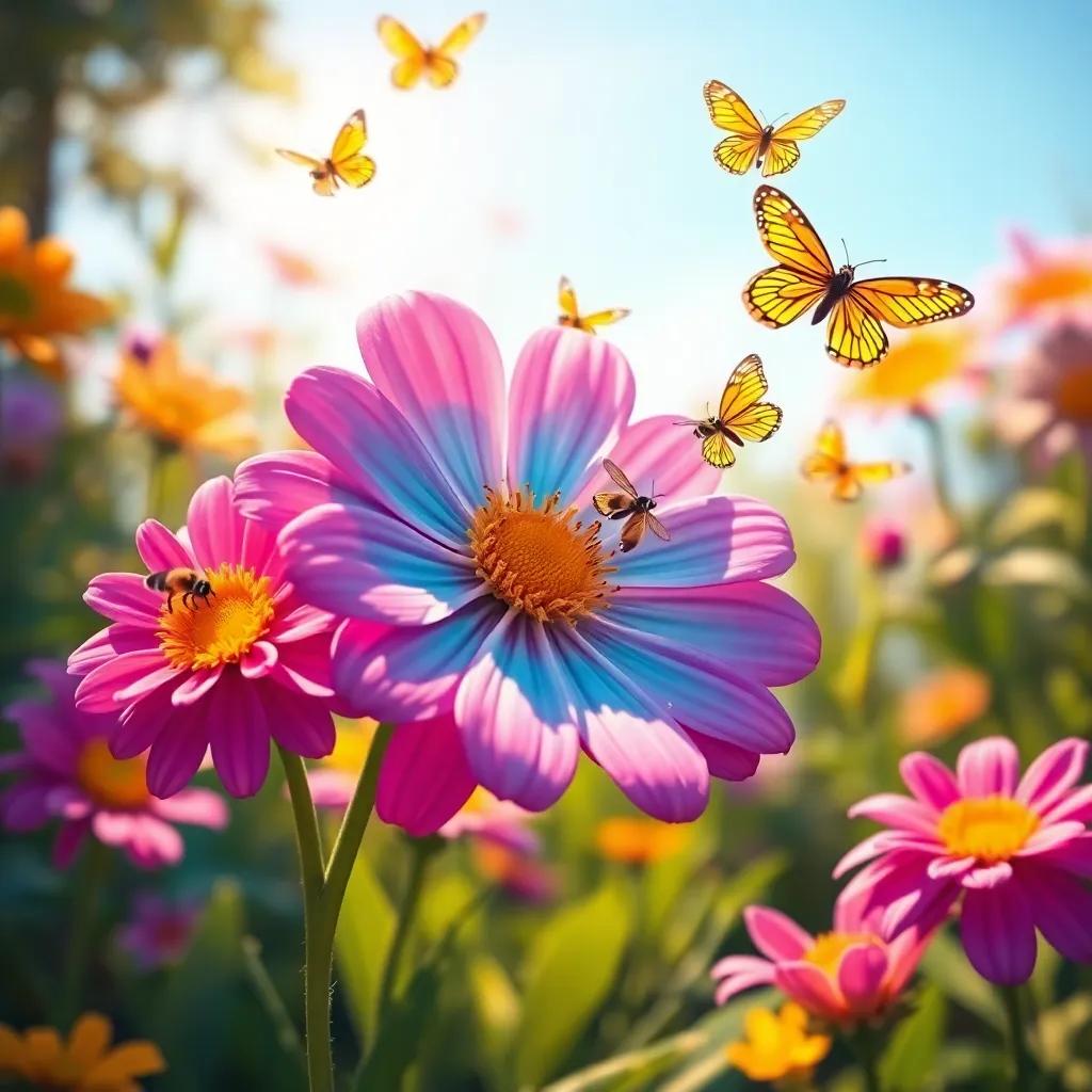 A vibrant flower sharing its beauty with happy bees and butterflies, in a sunny garden full of life, joyful, crisp colors, warm lighting detail, inviting atmosphere