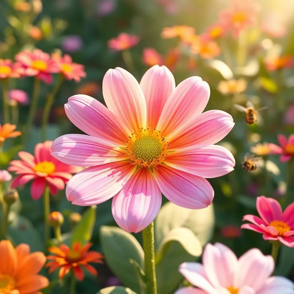 A beautiful flower teaching children to appreciate nature in a lovely garden, surrounded by bright blooms and buzzing creatures, warm and colorful, engaging imagery