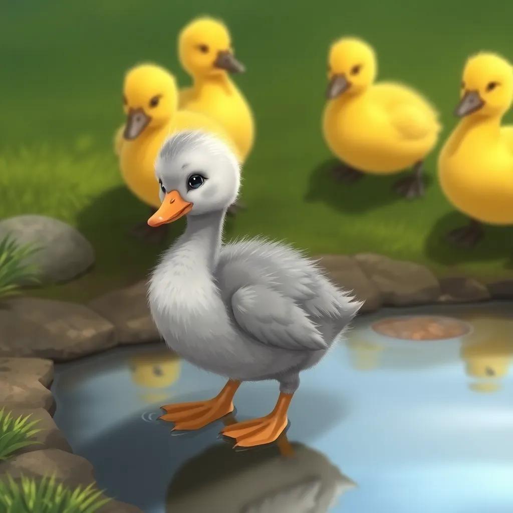 A little gray duckling waddling by a pond, looking sad and awkward compared to bright yellow siblings, detailed illustration, soft colors, warm light, child-friendly