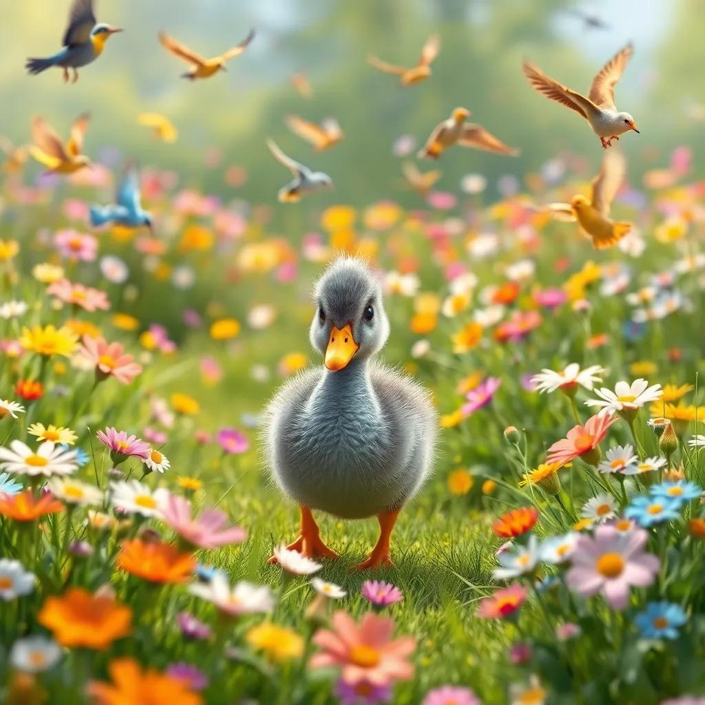 The gray duckling wandering through a vibrant meadow filled with flowers, colorful birds flying around, a sense of adventure, digital art, cheerful atmosphere