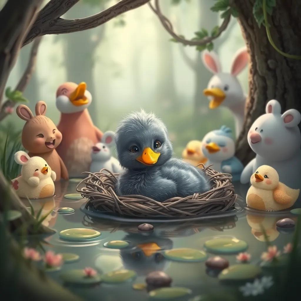 The gray duckling nestled in a cozy swamp with friendly creatures, all sharing laughter and warmth, cozy setting, pastel colors, inviting feeling