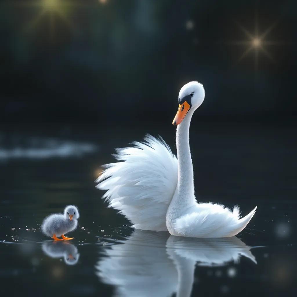 A transformation scene showing the gray duckling growing, with sparkling light around as he changes into a beautiful white swan, magical atmosphere, fairy-tale style