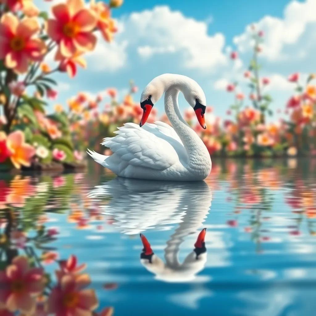 The majestic swan looking at his reflection in the water, with a background of blooming flowers and blue sky, vibrant colors, uplifting mood