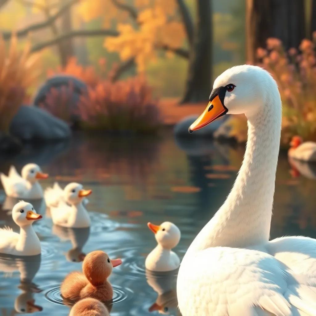 The enchanting moment with the other ducks in the pond amazed by the swan's beauty, full of surprise and joy, warm colors, heartwarming image