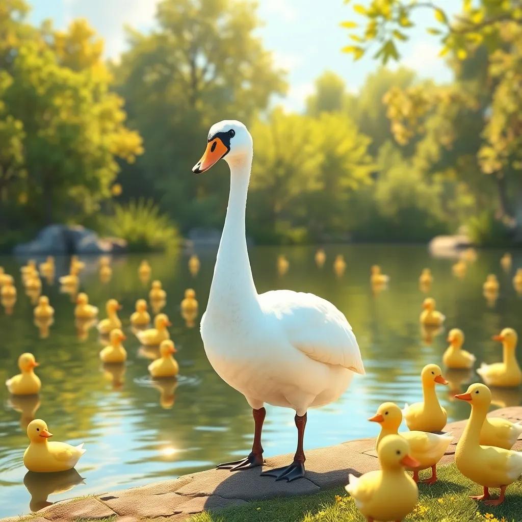 The swan strutting proudly by the pond, radiating confidence, surrounded by cheerful ducks, vibrant sunshine, happy colors, joyful setting