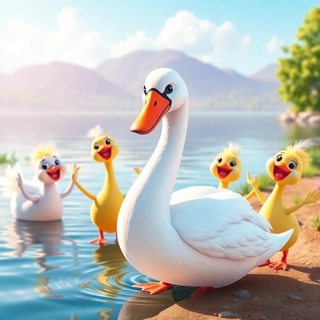 A celebration of the swan with its new friends, all smiling and dancing together by the water, colorful scenery, cheerful and inviting