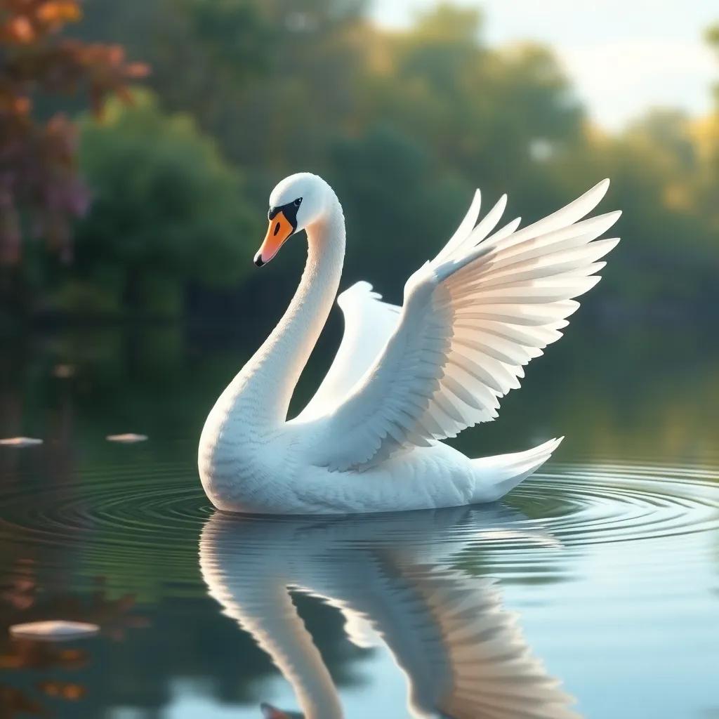 The swan spreading its wings on the serene pond, symbolizing acceptance and beauty, calm water reflecting the swan, peaceful colors, tranquil atmosphere