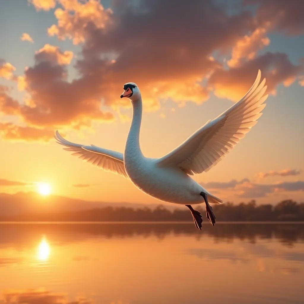 A beautiful sunset scene with the proud swan flying home, showing freedom and belonging, warm golden hues, uplifting and inspiring