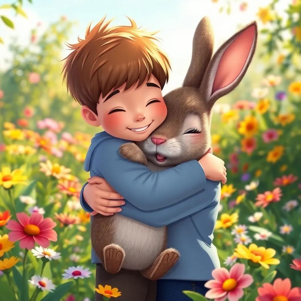 A little boy hugging the Velveteen Rabbit tightly, both smiling happily, in a sunlit garden filled with flowers, joy and friendship radiating, illustration, vibrant colors, playful scene