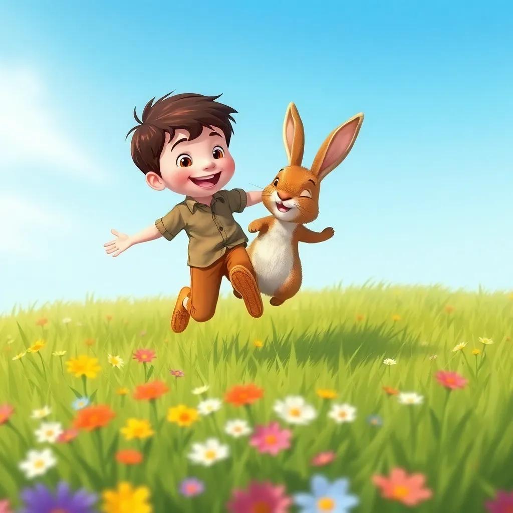 The boy and the Velveteen Rabbit playing outside in a grassy field, jumping over colorful flowers, bright blue sky above, capturing the spirit of adventure, colorful illustration, child-friendly, cheerful