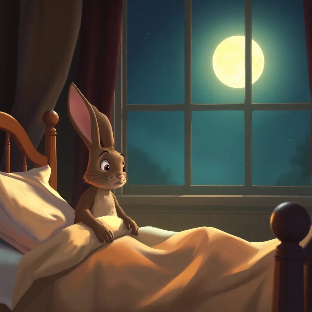 The Velveteen Rabbit looking worried at night, near the sick boy lying in bed, soft moonlight shining through the window, emotional scene, digital painting, warm and gentle hues, storytelling