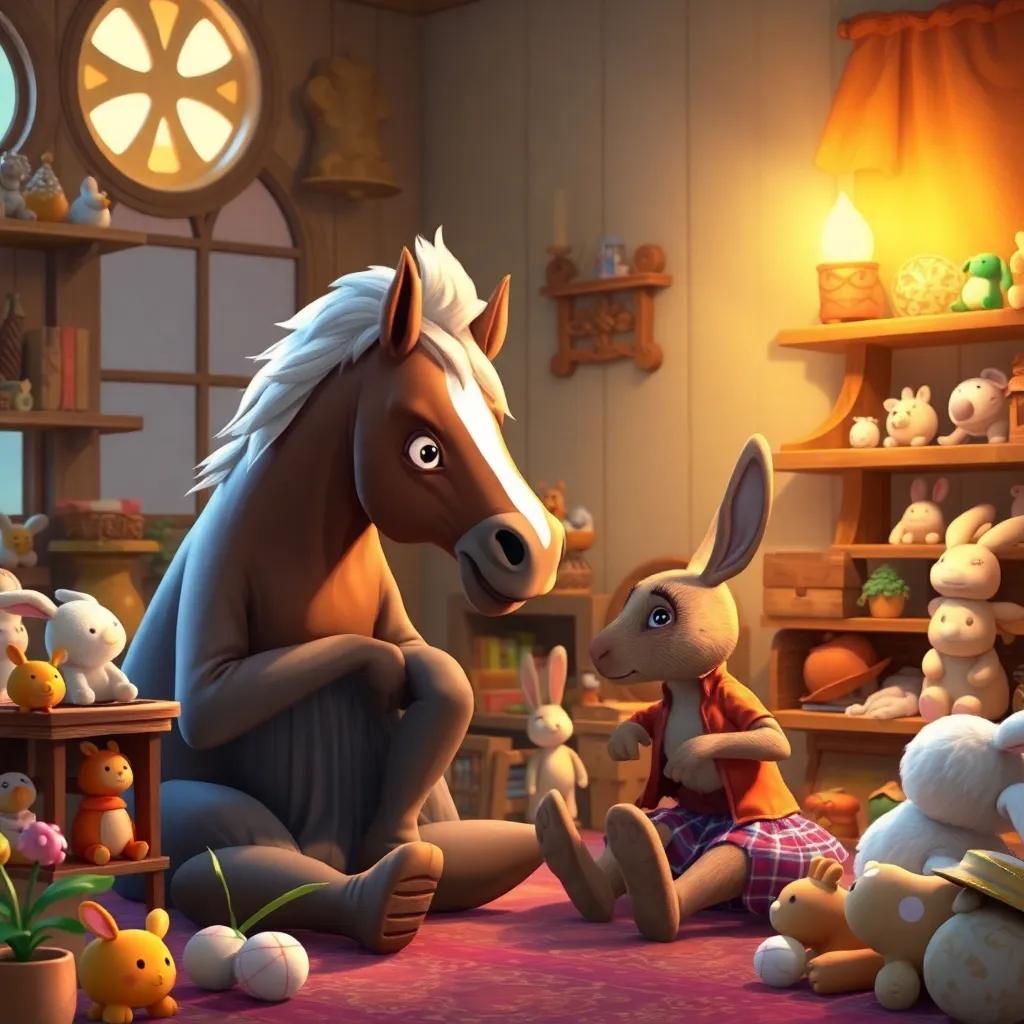 The wise old Skin Horse speaking to the Velveteen Rabbit, in a peaceful corner of the room, filled with beautiful toys, wisdom and warmth in the air, illustration, magical and inviting, soft colors
