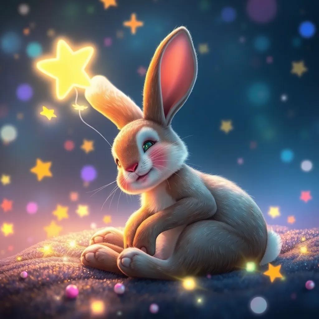 The Velveteen Rabbit having a magical dream, surrounded by shimmering fairy lights, colorful atmosphere, reflecting love and hope, child-friendly digital art, soft and dreamy, vibrant hues