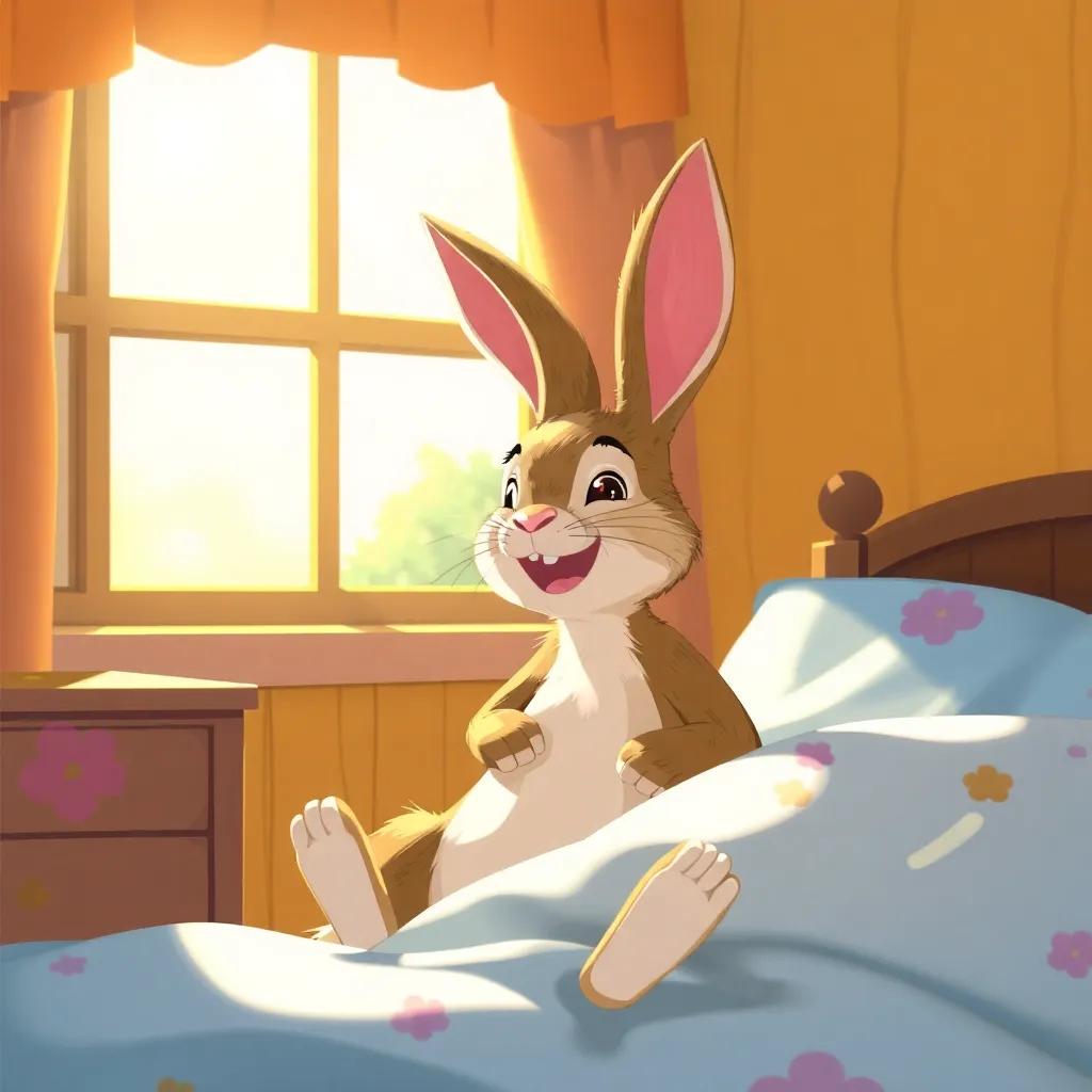 The Velveteen Rabbit waking up in the morning, feeling different and special, bright sunlight pouring through the window, joy and transformation in the scene, colorful illustration, uplifting