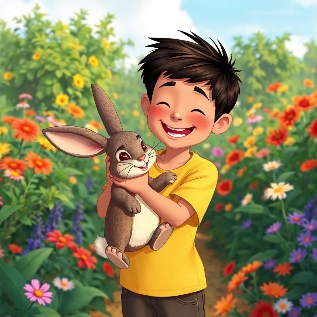 The boy joyfully holding the Velveteen Rabbit, both filled with happiness in a lush garden, surrounded by the beauty of friendship and love, vibrant colors, cheerful scene, illustration
