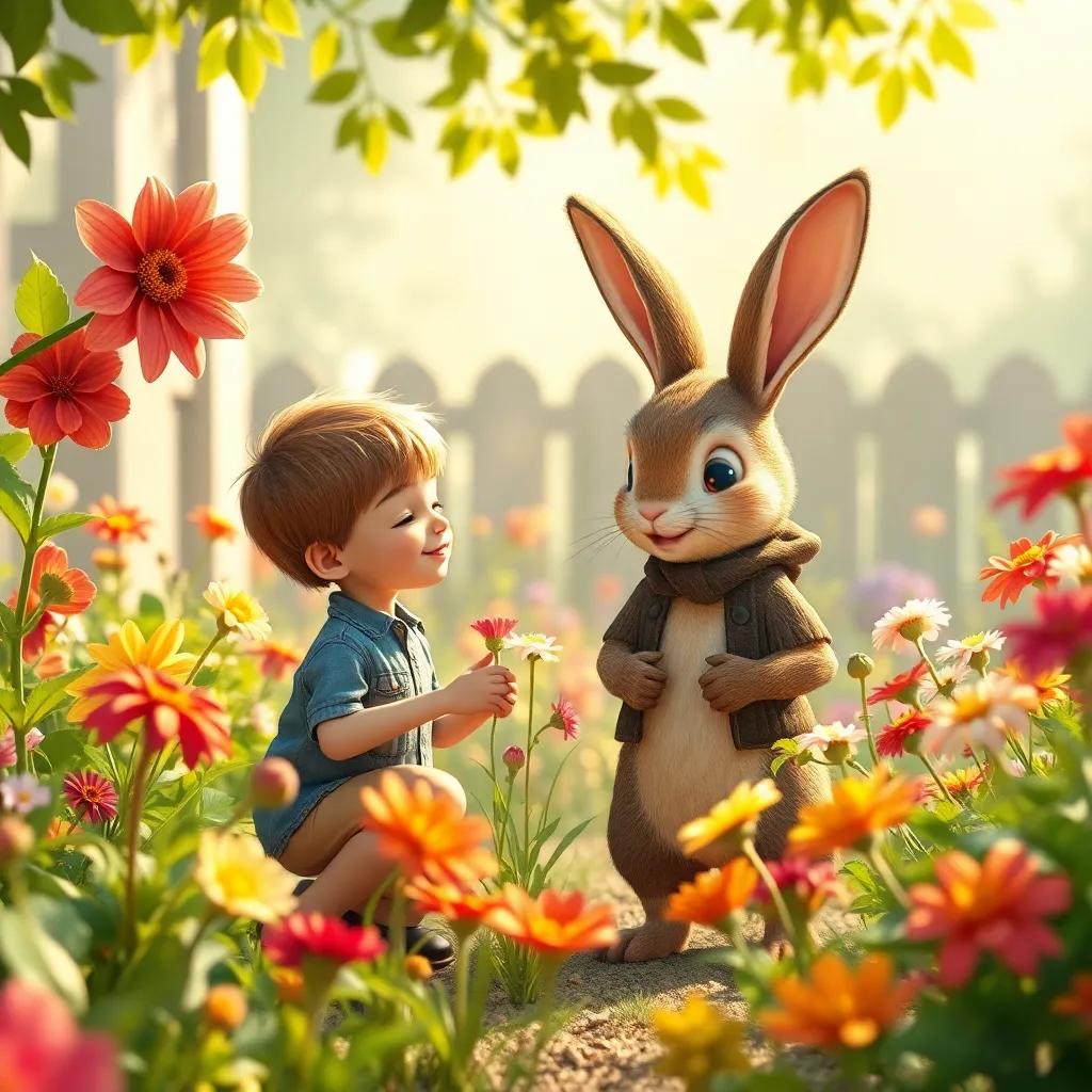 The boy and the Velveteen Rabbit exploring together in the garden, discovering new flowers and adventures, bright and lively atmosphere, digital art, rich colors, joyful