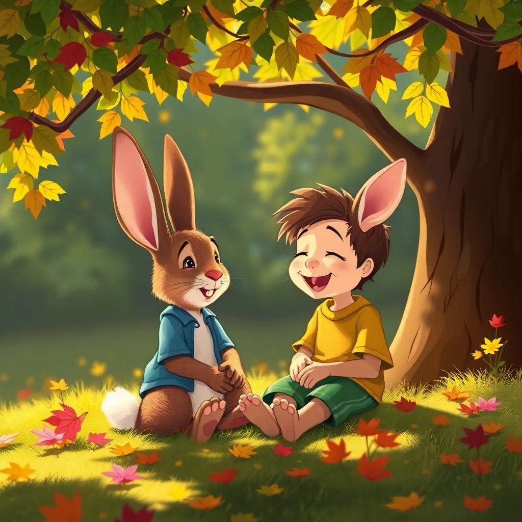 A heartwarming scene of the Velveteen Rabbit and the boy sitting together under a tree, laughter and friendship in the air, colorful leaves and warm sunlight, illustration, inviting and cozy