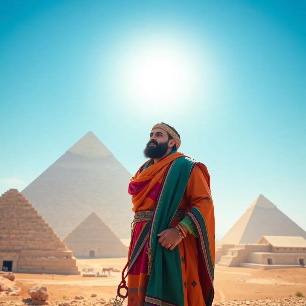 A wise traveler named Kuthumi, a man of Middle Eastern descent, dressed in colorful robes, standing in front of ancient pyramids under a bright blue sky, digital art, vivid colors, adventurous feeling, uplifting perspective, high quality