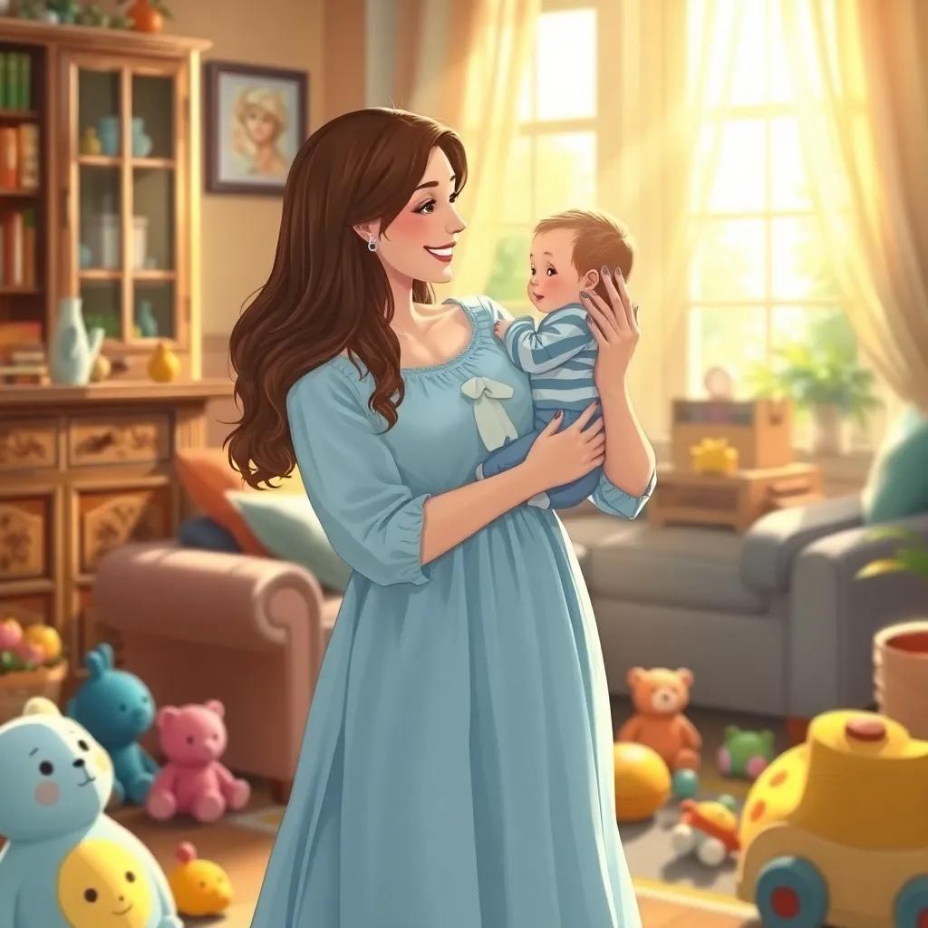 Sarah, a 30-year-old woman with long brown hair and a light blue dress, happily holding her baby in a cozy living room, sunlight streaming through the window, colorful toys around, loving atmosphere, heartwarming scene, charming illustration