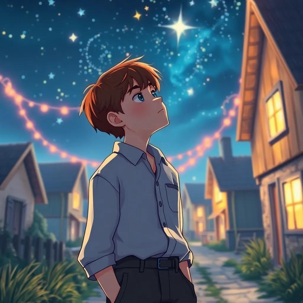 A young man, Oliver, with short brown hair, wearing a simple shirt and trousers, standing in his small village, gazing at the stars with a dreamy expression, digital art, night sky, colors of deep blue and silver, warm and inviting, heartwarming scene, high quality