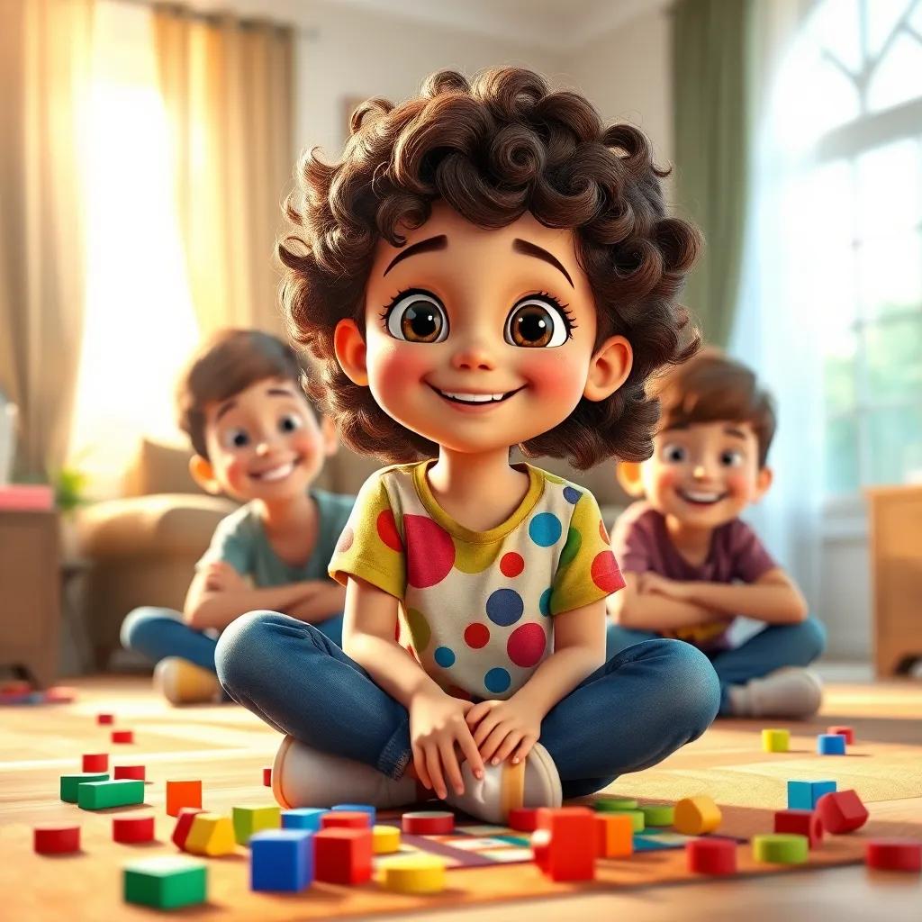 A young girl, Mia, with curly brown hair, wearing a colorful t-shirt and jeans, sitting on a living room floor surrounded by board game pieces, with her two brothers smiling, bright sunlight streaming in through the window, cheerful and lively atmosphere, colorful, digital art, child-friendly