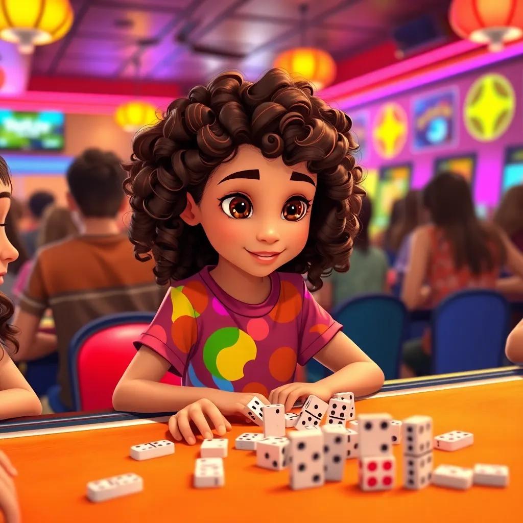 A young girl, Mia, with curly brown hair, wearing a colorful t-shirt and jeans, focused on playing Dominoes at a club with friends, colorful game pieces on the table, bright room filled with excitement, illustration, engaging, child-friendly scene