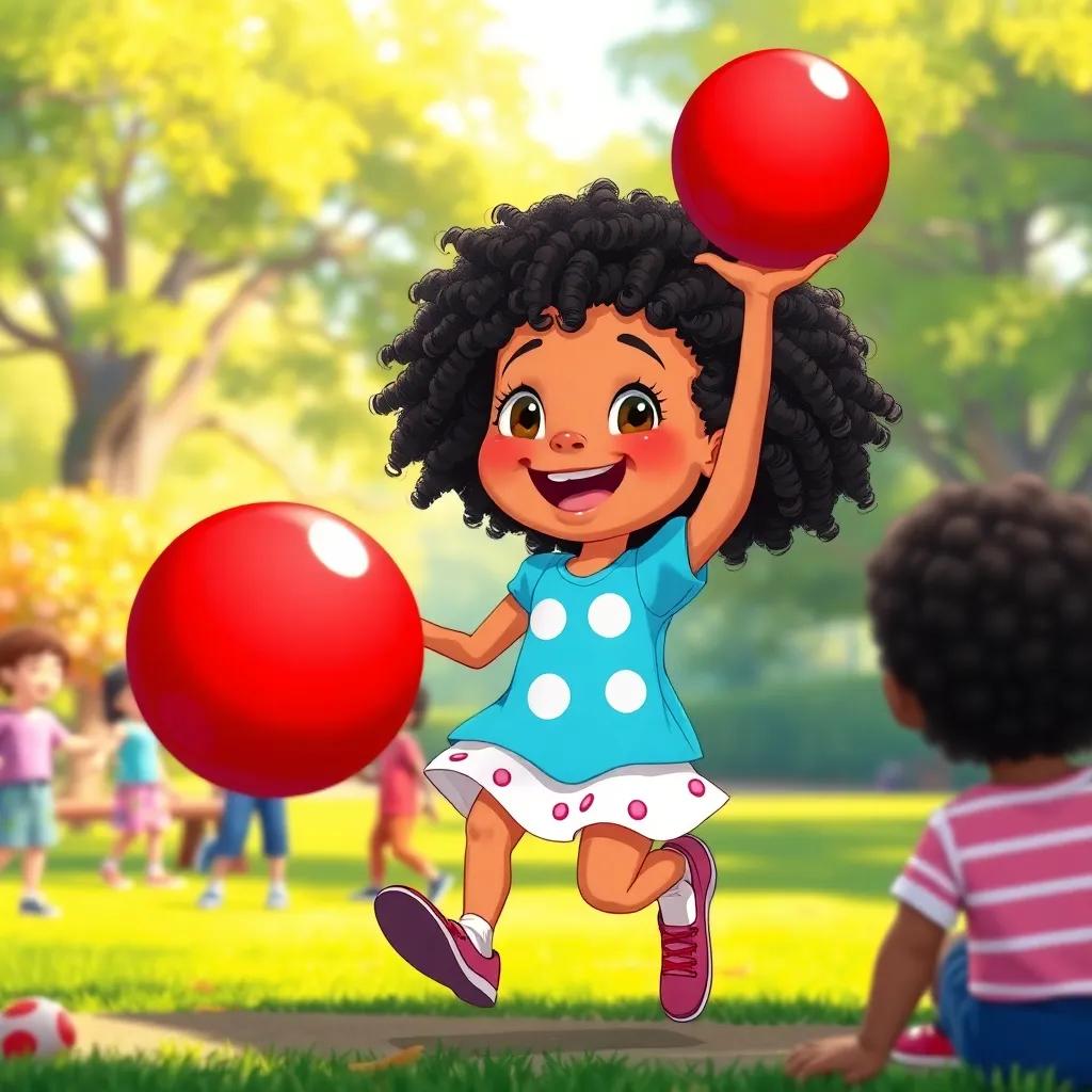 Maya, a joyful girl with curly hair, bouncing a bright red ball, smiling with excitement, her friends gathering around, park background, lively, colorful, child-friendly illustration, warm sunlight, vibrant scene