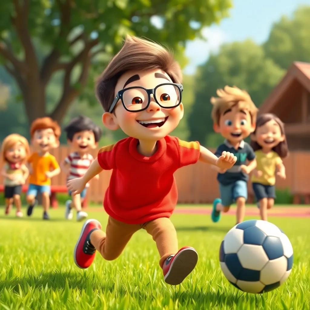 Liam, a tall boy with glasses, sprinting after a ball on the grass, big smile on his face, their joyful friends in the background, lively playground, bright colors, adorable setting, playful vibe, digital painting, high quality