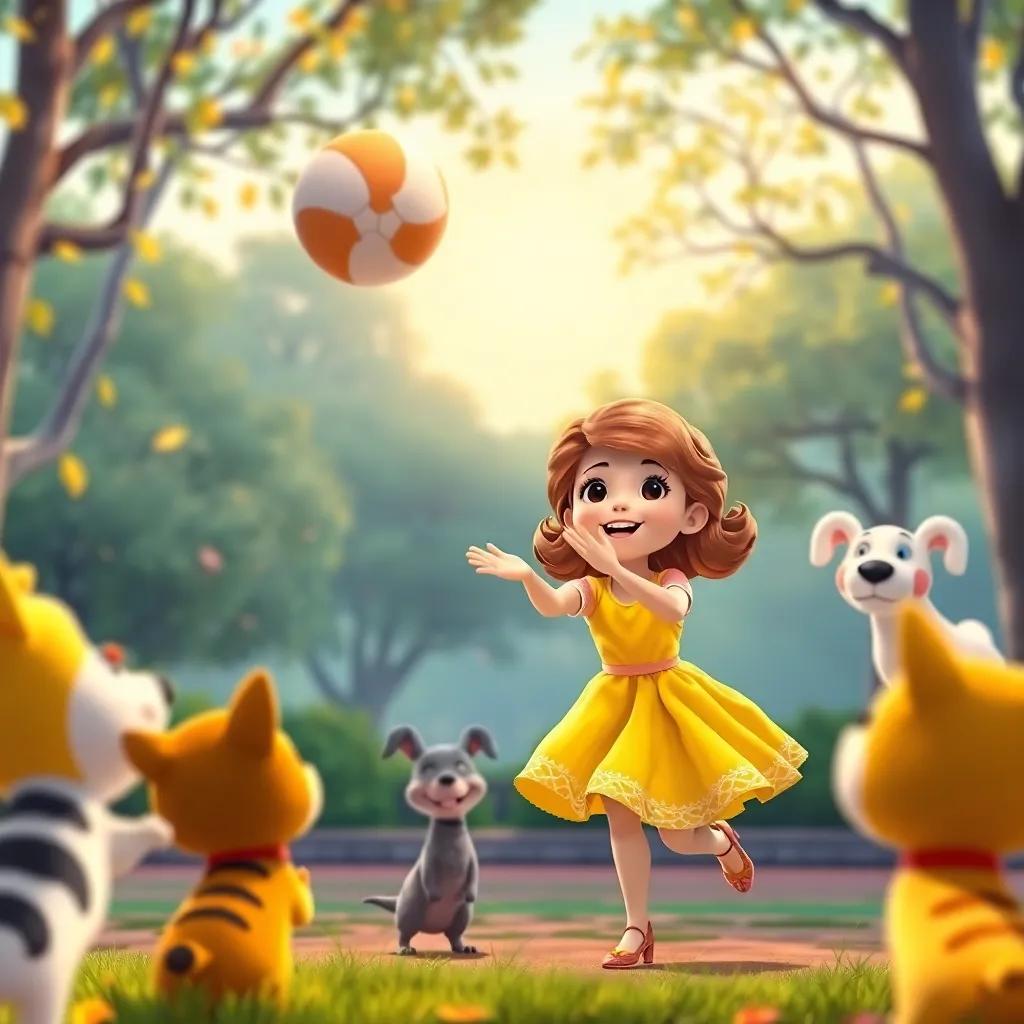 Sofia, a girl in a cheerful yellow dress, catching a ball with glee, surrounded by her friends, park atmosphere, animated illustration, warm light, joyful scene, colorful environment, child-friendly design, vibrant
