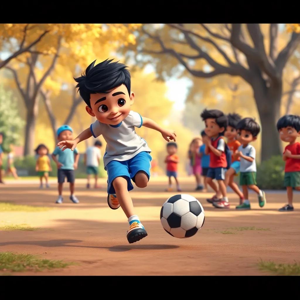 Ahmed, a boy with short hair and bright blue shorts, dribbling the ball skillfully, showing off his moves, children cheering him on, lively park, warm colors, engaging scene, digital art, high quality